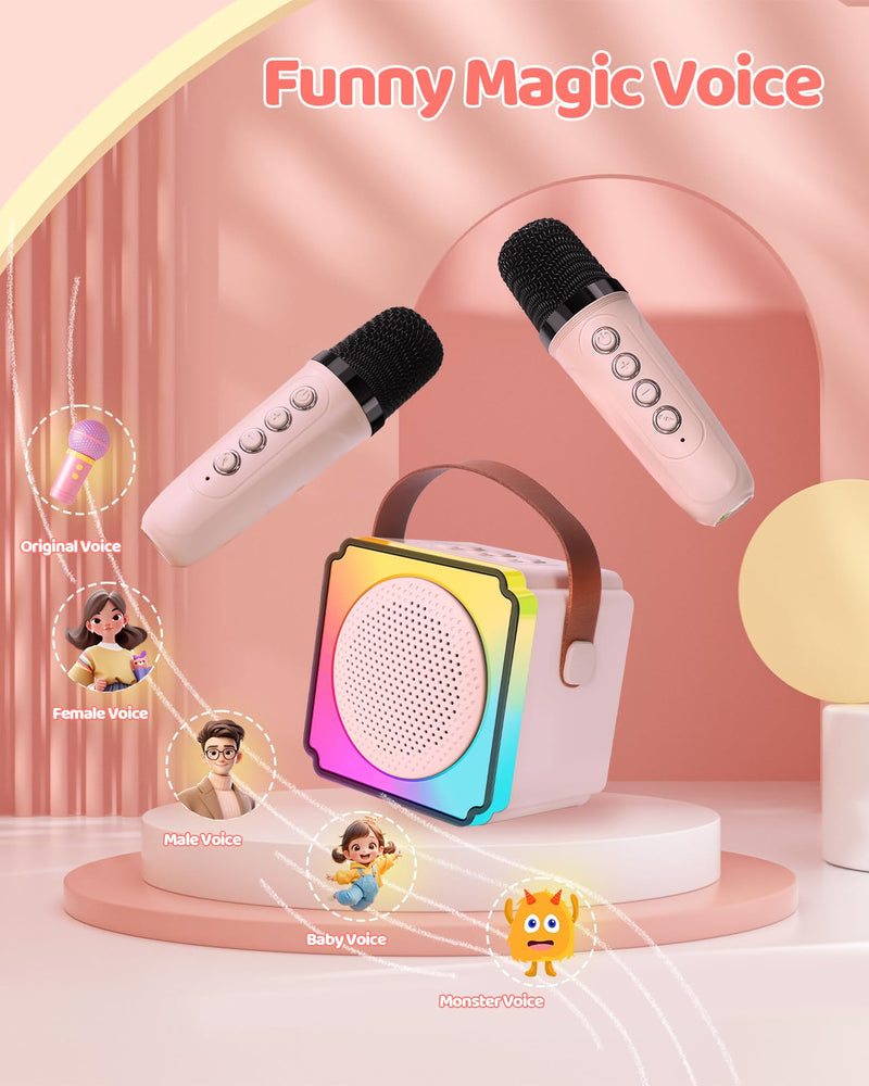Mini Karaoke Machine for Kids Adults, LumoShine Portable Bluetooth Speaker with 2 Wireless Microphone and Lights, Gifts for Boys Girls Pink