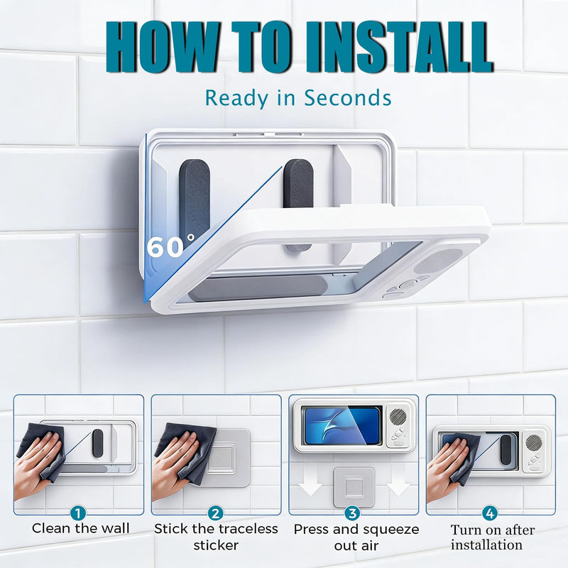 Waterproof Shower Phone Holder with Bluetooth Speaker, IPX4 Anti-Fog 360° Rotatable Suction Mount for Bathroom Kitchen