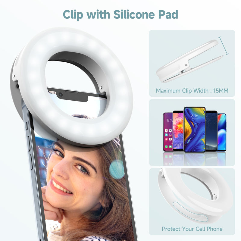 Clip on Ring Light, Rechargeable Selfie Fill Light, Portable Selfie Ring Light with 3 Adjustable Light Modes, Video Conference Light for iPhone, Laptop, iPad, Zoom Meeting, Make up, Video