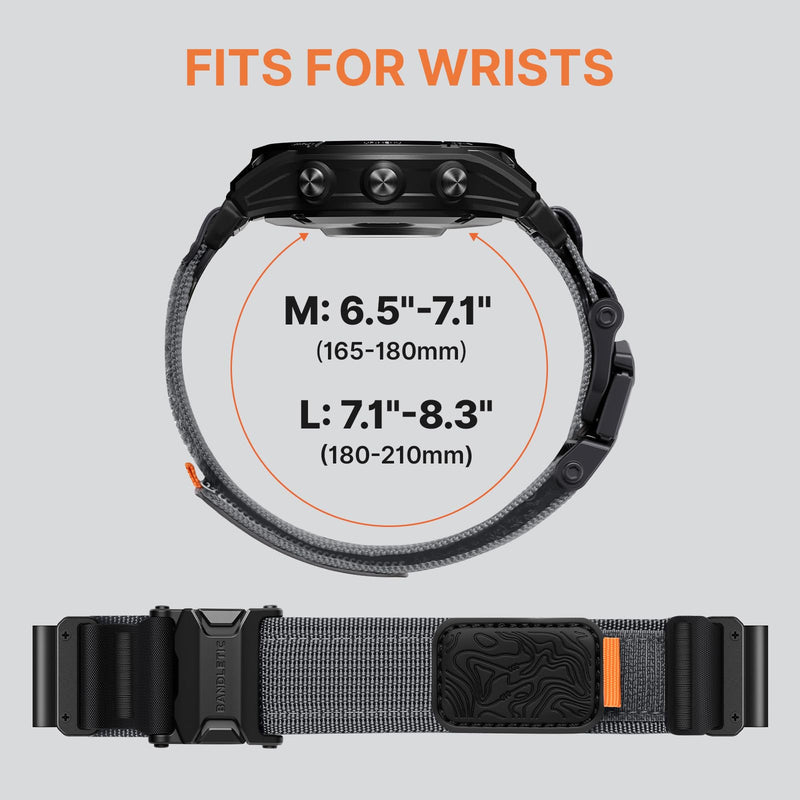 Bandletic Magnetic Nylon Band Compatible with Garmin Watch Quick Fit 22mm | Twin Magnets Snap Band On/Off in Two Seconds, Reinforced CSPE Rib for Intense Workout & Outdoors, Fits Quick Fit 22mm Models Dark Gray M(6.5"-7.1")
