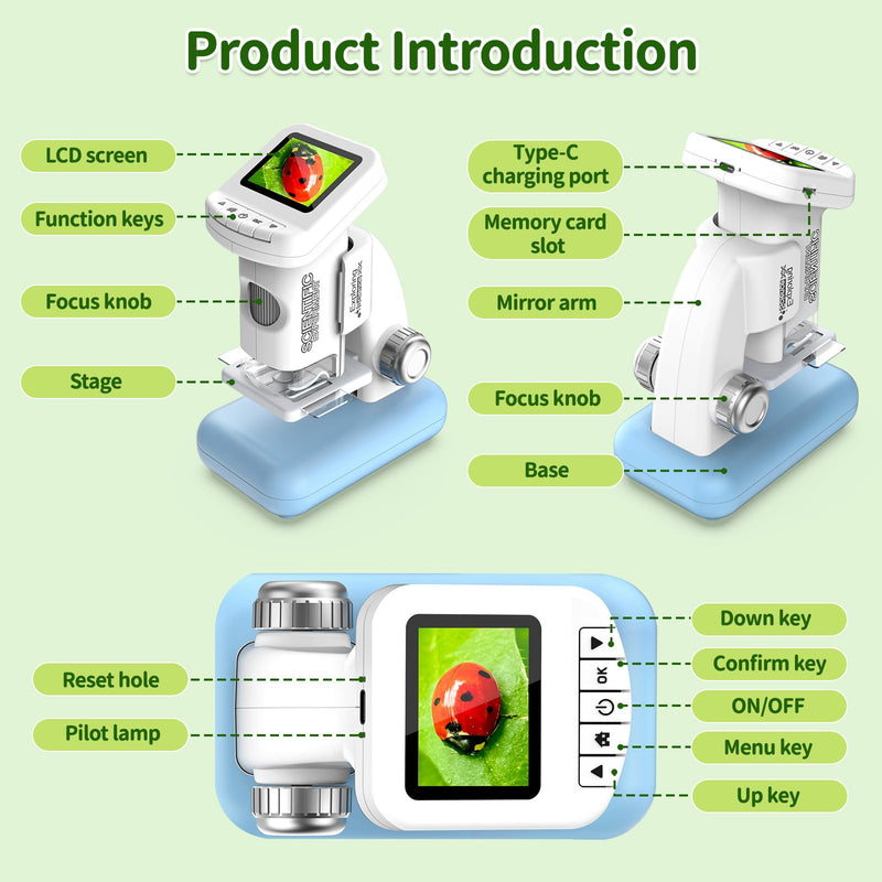 Microscope for Kids, 1200X Kids Microscope Pocket Portable Microscopes with Photo and Video Function, Mini Handheld Digital 2" Screen Rechargeable Student Edu Science Microscopes for Kids 6-7 8-12