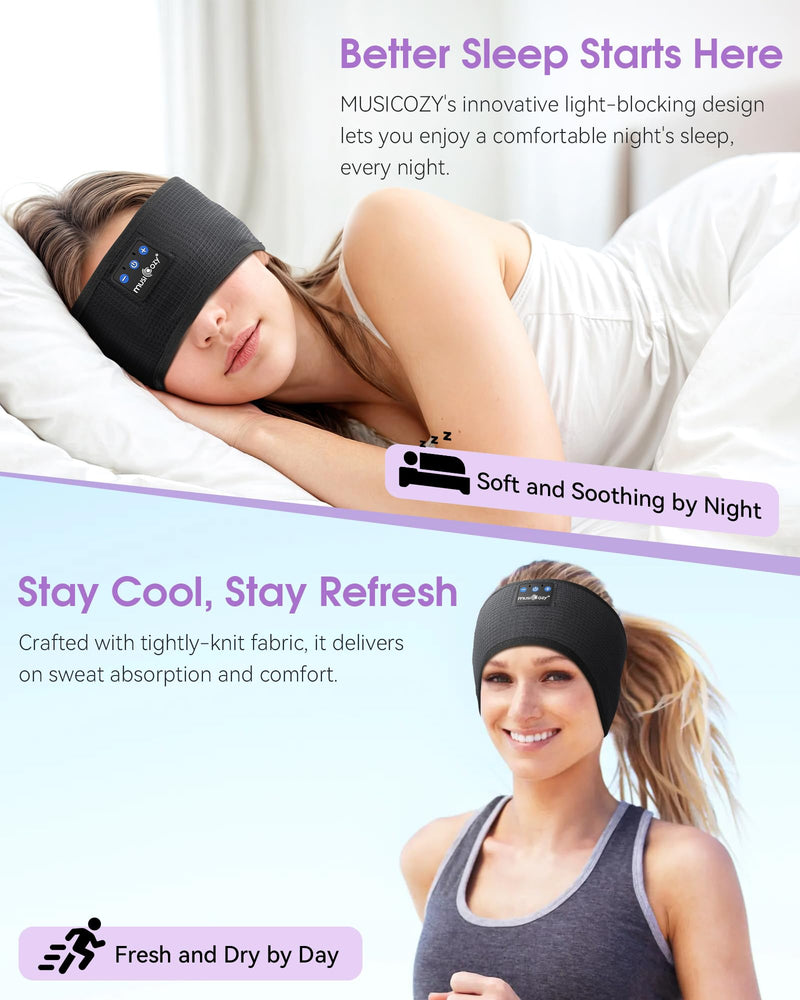 MUSICOZY Sleep Headphones Bluetooth Headband, Sleep Mask with Bluetooth Headphones, Sports Sleeping Headband Earbuds with Ultra-Thin HD Stereo Speakers for Travel Workout, 2 Packs