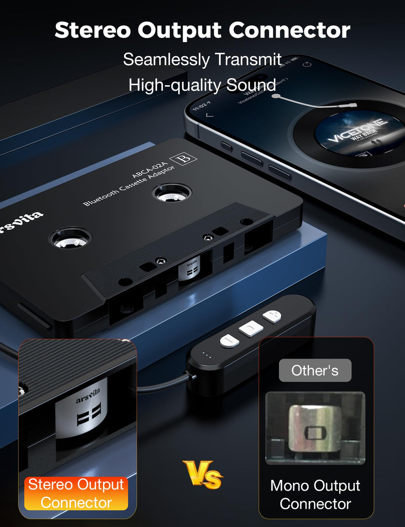 Arsvita Car Audio Bluetooth Cassette Receiver, Bluetooth 5.0 Cassette to Aux Adapter for car, Tape Audio Adapter, Support Micro SD Card, Hands-Free Call, Black
