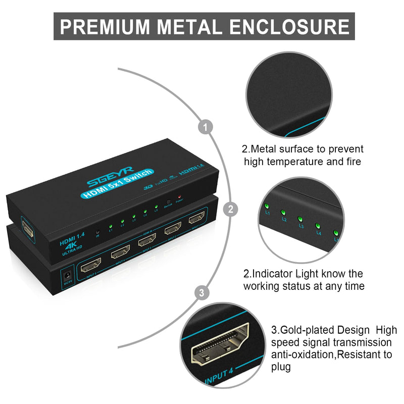 HDMI Switch SGEYR 5x1 HDMI Switcher 5 in 1 Out HDMI Selector 5 Port Box with IR Remote Control HDMI 1.4 HDCP 1.4 Support 4K@30Hz Ultra HD 3D 2160P 1080P Blue