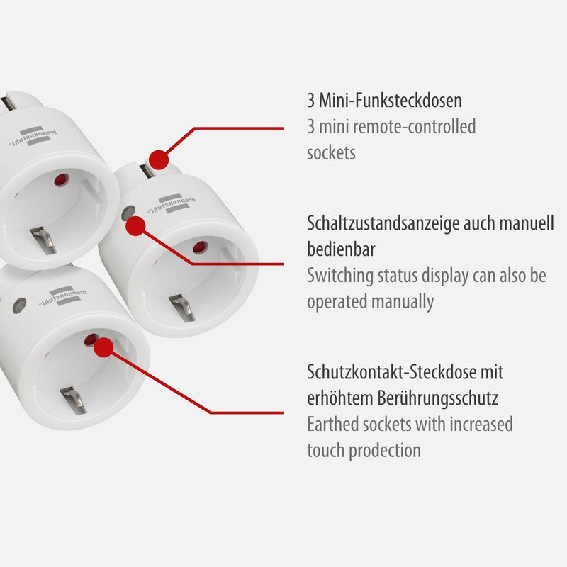 Brennenstuhl Comfort-Line Mini 3+1 Remote Control Socket Set of 3 (Indoor Use with Handheld Transmitter and Increased Touch Protection) White 3 Mini-Funksteckdosen 3 mini radio sockets Single
