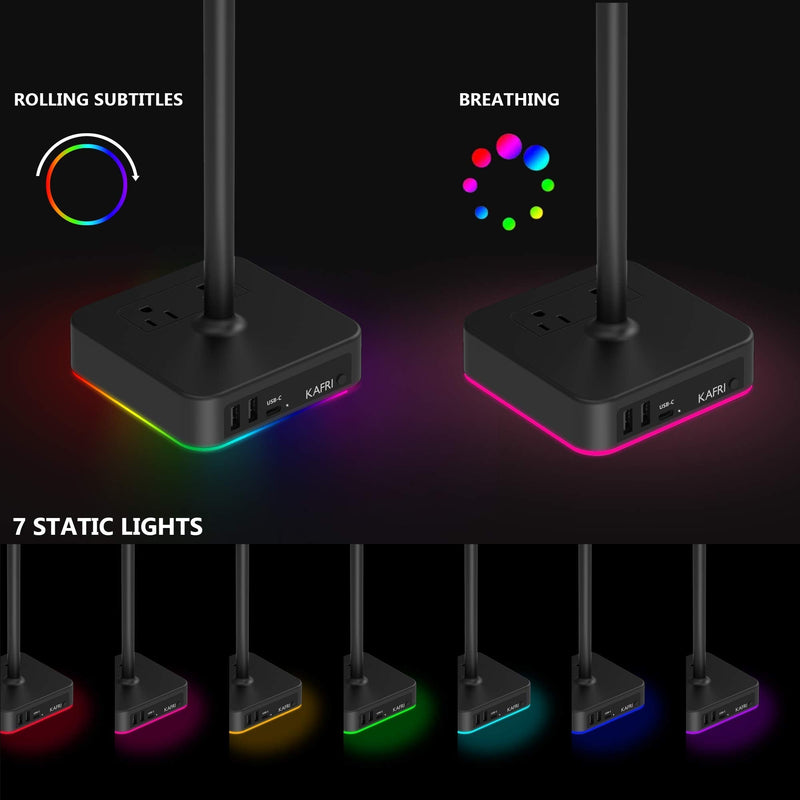 KAFRI RGB Headphone Stand with USB A&C Charger Desk Gaming Headset Holder Hanger Rack with 3 USB Charging Port and 2 Outlet - Suitable for Gamer Desktop Table Game Earphone Accessories Boyfriend Gifts A-ONE STAND