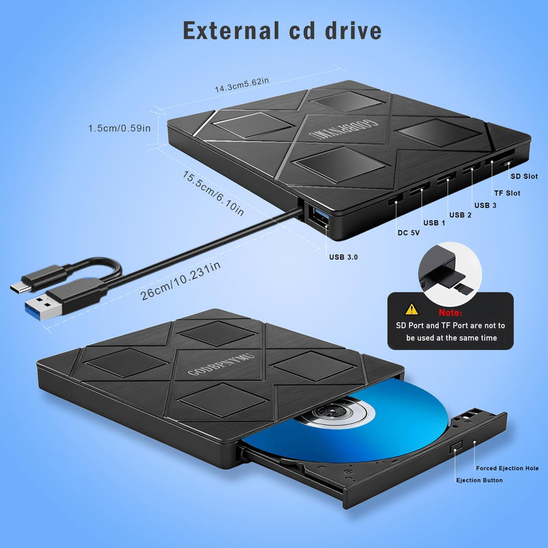 8-in-1 External CD/DVD Drive for Laptop, USB-C SD/TF Card Reader | with Carrying Case Compatible with Laptop PC, MacBook Pro/iMac Windows 11/10/8/7 Linux 8 in 1