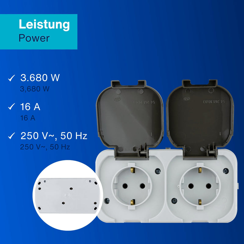 REV AquaTop Wet Room Socket, IP44, Single Pole, Pre-Wired, Surface-Mounted, Grey 2-way socket pre-wired