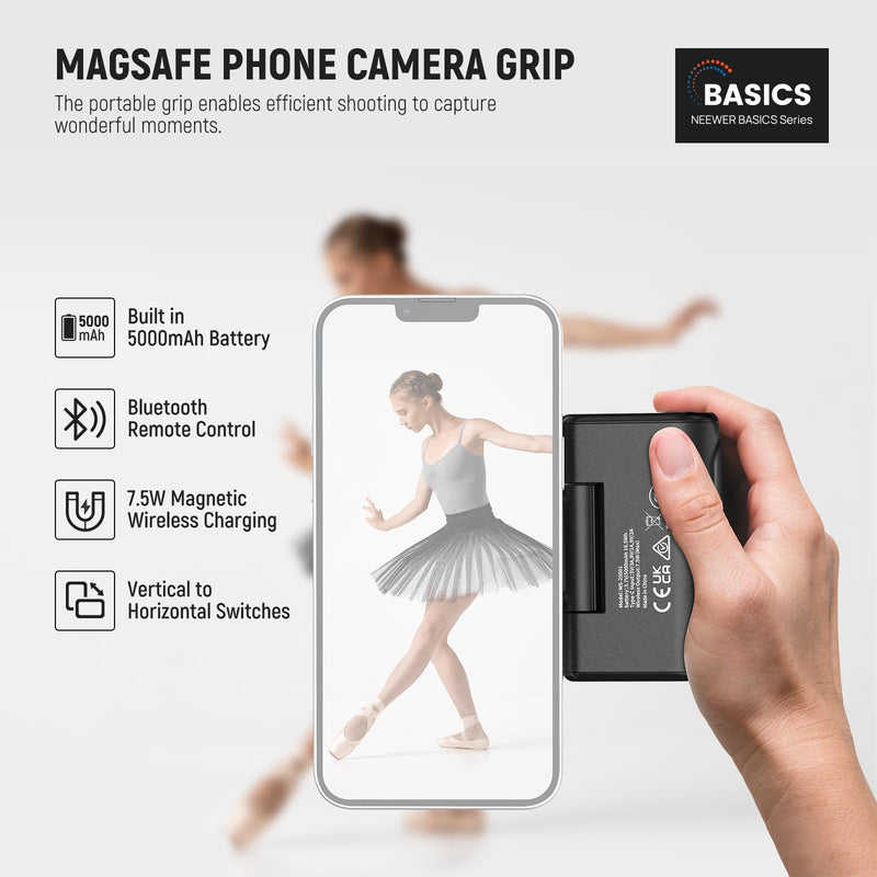 NEEWER Basics Magnetic Phone Camera Grip Handle with Shutter Remote Compatible with MagSafe iPhone ONLY, 18W Magnetic Charging, 5000mAh Rechargeable for Vlog Selfie Tripod Video Recording, WS-25001