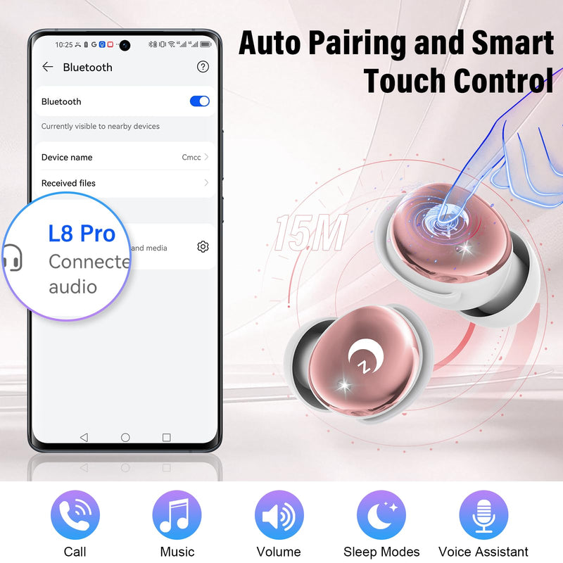 2026 Sleep Earbuds Bluetooth 5.4 in Ear Smart Touch Screen Ear Buds, 48H Playtime Mini Sleep Headphones Small Design for Side Sleepers, 5 EQ Modes, Crystal-Clear Calls, IPX7 Waterproof Earphones Rose Bright Pink