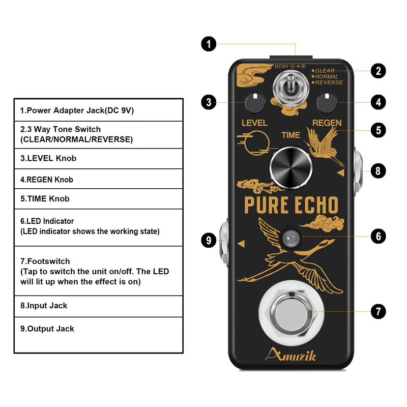 Amuzik Pure Echo Guitar Effect Pedal Analog Digital Delay Effects Pedals for Clear Normal Reverse 3 Modes with Ture Bypass Mini Size