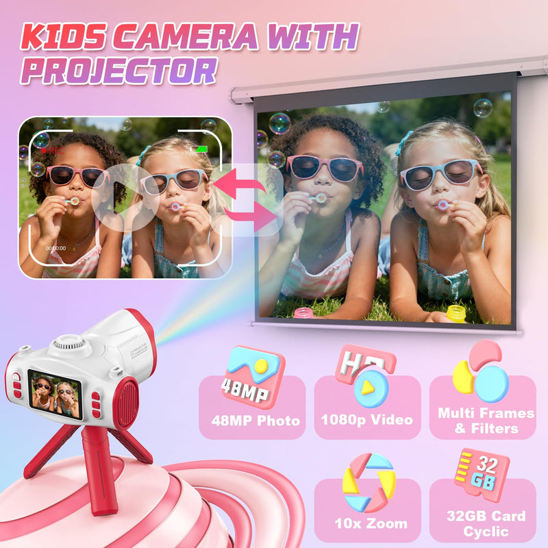 Kids Camera with Projector, Big Screen 1080P Photography Kids Recorder with Tripod, Lanyard, 32GB Kids Video Vlogging Camera for Age 3-12, Christmas Birthday Gifts Toys for Boys Girls, White
