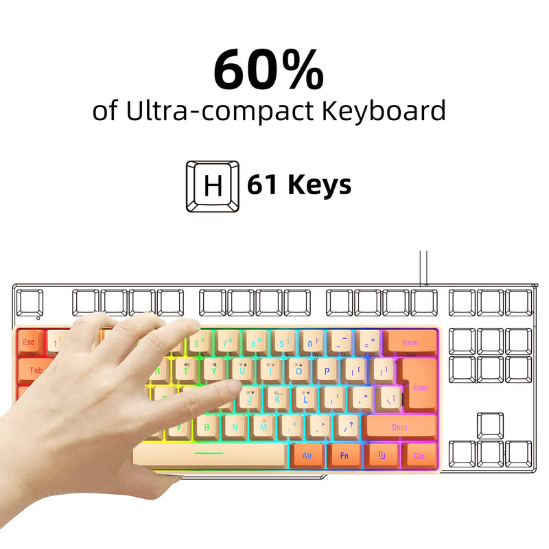 Snpurdiri 60% Wired Gaming Keyboard, RGB Backlit Ultra-Compact Mini Keyboard, Waterproof Mini Compact 61 Keys Keyboard for PC/Mac Gamer, Typist, Travel (Orange and Cream) Orange and Cream