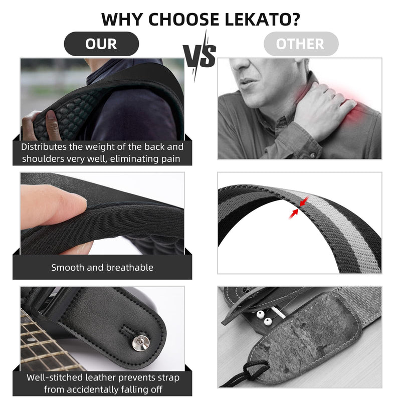 [AUSTRALIA] - LEKATO Guitar Straps for Electric Guitar Bass, 3" Wide Padded Guitar Strap Neoprene Pad with 3D Sponge Filling Bass Guitar Straps Adjustable Length from 45" to 55" with Strap Locks, Picks, Black 3 Inch 