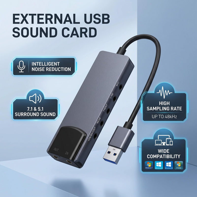 7.1 USB Surround Sound Card 5.1 External Sound Card with Optical SPDIF Input Output Audio Adapter Noise Reduction Aluminum for PC Laptop CM6206 Chip