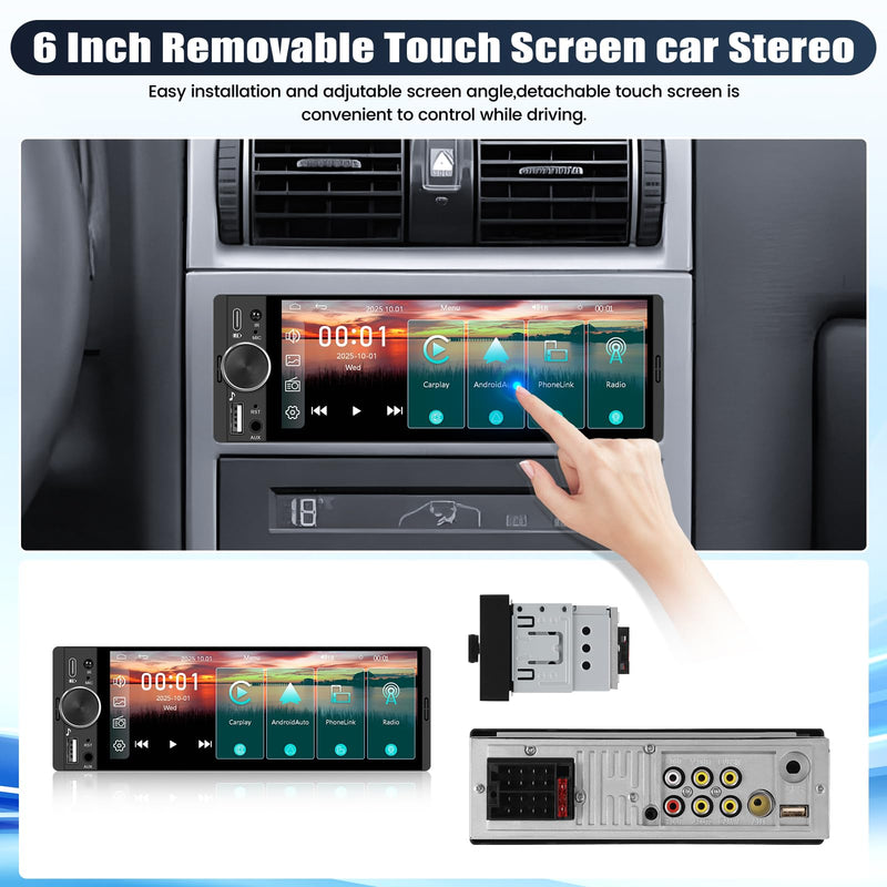 Single Din Car Stereo Radio with Wireless Carplay&Android Auto,6.28 Inch 1 Din Touchscreen Car Radio with Bluetooth FM Radio Mirror Link for iOS/Android USB/Type-C SWC Car Multimedia Player 6.28 Inch with Carplay