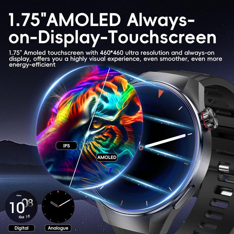 Military Grade Tactical Smart Watch for Men,1.75" Large Crystal Clear HD AMOLED Touchscreen Smartwatches for Android iOS,Fitness Tracker with 110+Sport Modes/Heart Rate/Sleep Monitor (Black) Black