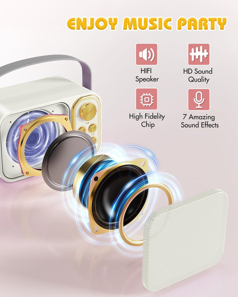 Mini Karaoke Machine for Kids Adults, Portable Bluetooth Speaker with 2 Wireless Microphones, Kids Karaoke Machine for Girls Boys, Toys Birthday Gifts for 3-12+ Years Old Toddler (White)