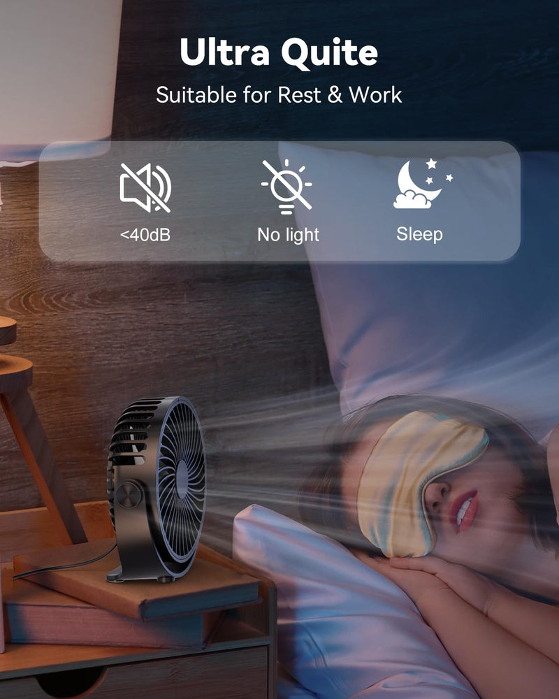 USB Desk Fan, 5 Inch Mini Portable Fan, 3 Speeds Strong Airflow Personal Desktop Fan, Detachable Cooling Fan 360° Rotation Quiet Small Fan for Desk Home Office Travel Car, Black, 5ft Cable