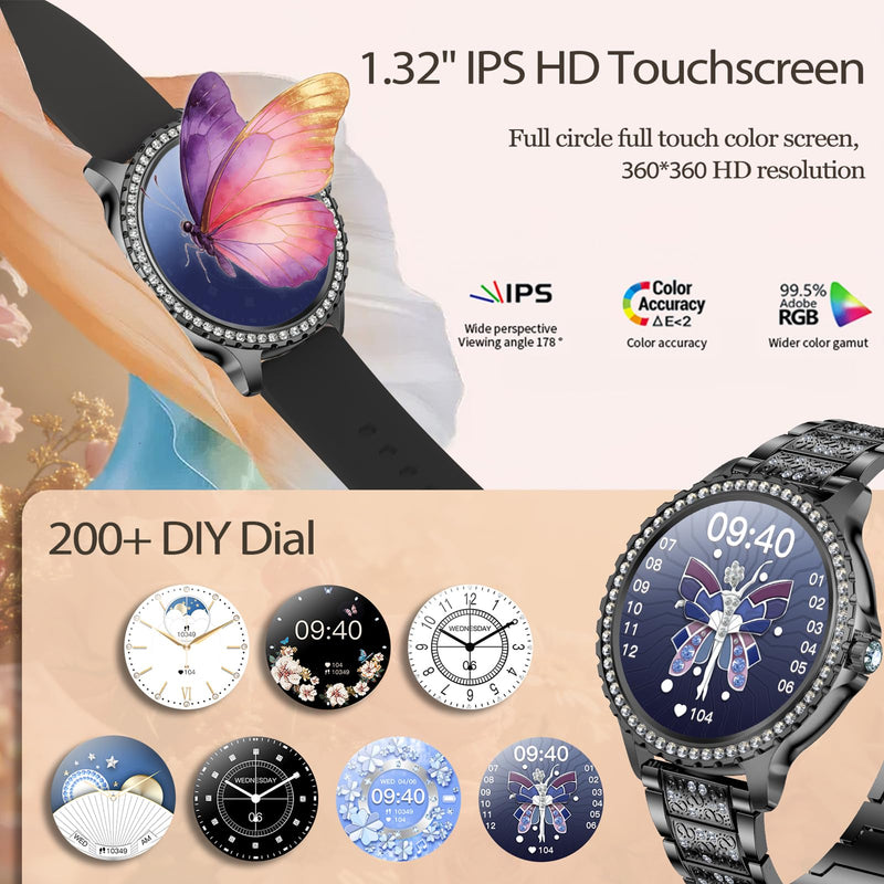 Smart Watch for Women with Diamonds, Bluetooth Calls, 1.32'' Full HD Screen Fitness Tracker with Multiple Sports Modes/Heart Rate/Sleep Monitor, IP68 Waterproof for Android iOS, Elegant Black