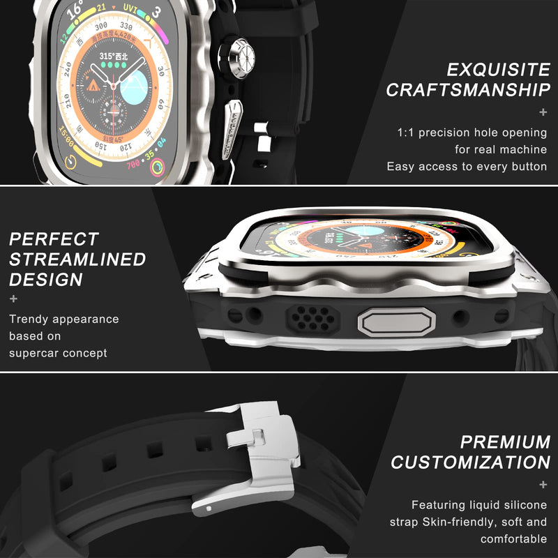 Luxury Metal Case for Apple Watch Ultra 49mm Band with Cover Heavy Duty Rugged Case Silicon Strap for men Full Protective Cover Silver Knight