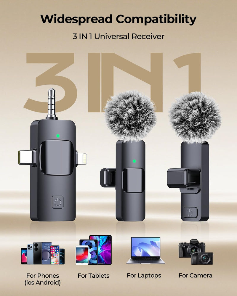 [AUSTRALIA] - BAILIXIN 3-in-1 Microphone for iPhone, Android, Camera, Wireless Microphones, Mini Microphone, Lapel Mic with Noise Reduction, Crystal Clear Sound & 7H Battery for Recording, YouTube, Podcast Charcoal Black 