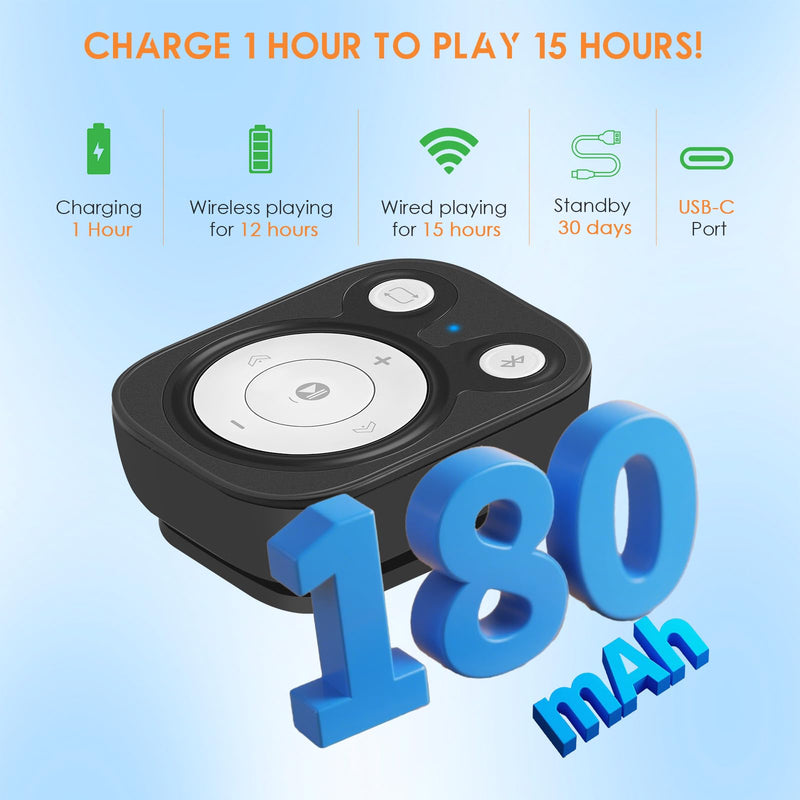 64GB Clip MP3 Player with Bluetooth 5.3: 15 Hrs Battery Mini Music Player, Earphones Included, 1000+ Songs Storage, No Phone Needed, Portable MP3 Players for Kids, Sports, Reading, Learning, Meetings 64GB Black