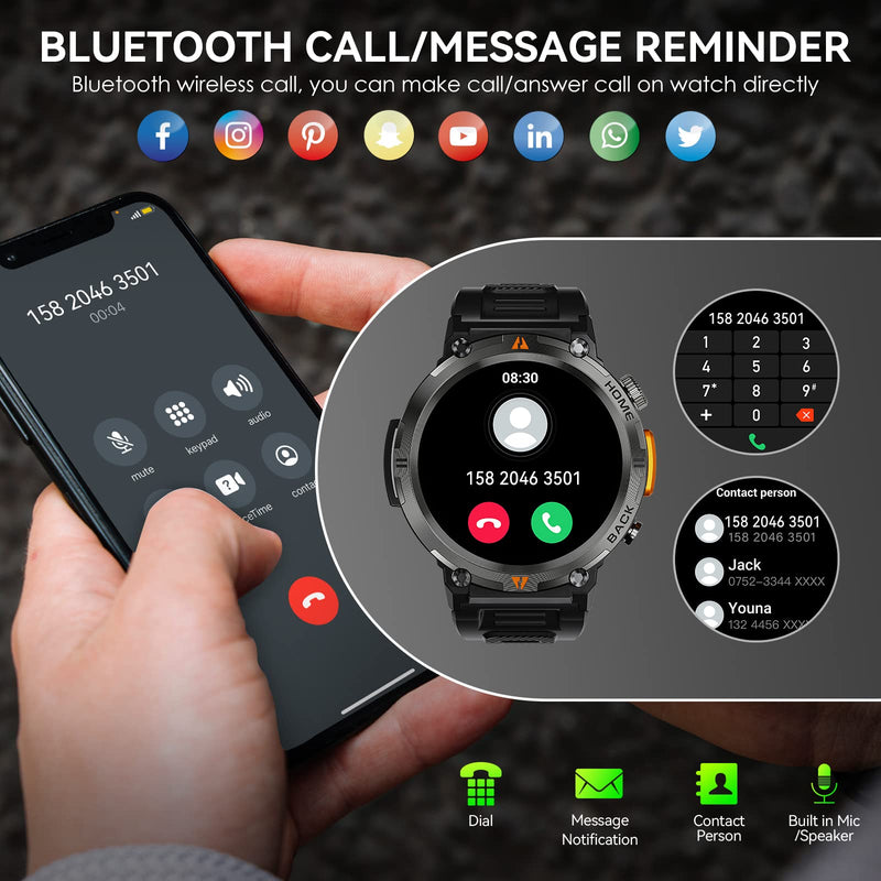 Military Smart Watch for Men with LED Flashlight 1.45" HD Bluetooth Calling | Rugged Tactical Smartwatch, Outdoor Sports Fitness Tracker Watch with Heart Rate Sleep Monitor for iPhone Android Phone Black + Extra Stainless Steel Band