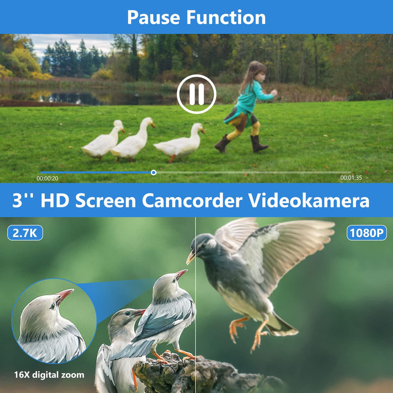 2.7K Full HD Video Camera Camcorder, 48MP Vlogging Camera for YouTube TikTok, 3.0 Inch IPS Screen 16X Digital Zoom Video Recorder, Webcam Function for Daily Vlog & Travel Shooting