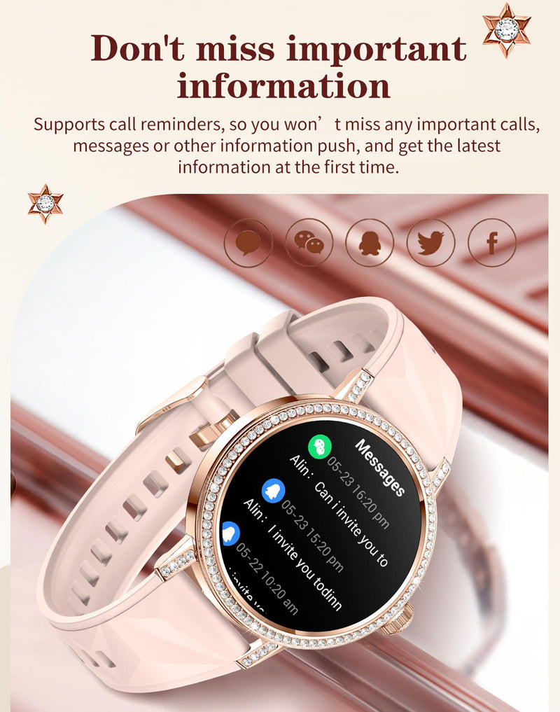 Diamond Smart Watch for Women Bluetooth Call 24/7 Blood Pressure Monitor Heart Rate&Sleep Tracker Fitness Activity Tracker Message Notifications Elegant Rhinestone Dress Smartwatch for IOS & Android Silver-Steel band
