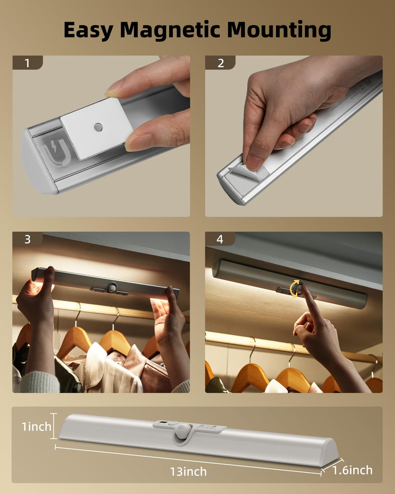 [AUSTRALIA] - EZVALO 13-inch Motion Sensor Closet Light with Eye-Protection Design, 1800mAh Rechargeable Under Cabinet Lighting, 3 Color Temps Night Light for Pantry, Closet - 3 Pack 13inch 
