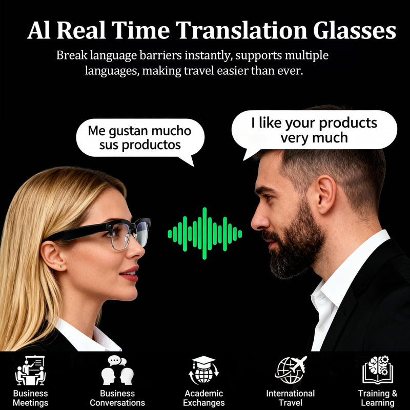 AI Smart Glasses with Camera, 8MP Anti-Shake Bluetooth Camera Glasses,1080P Video Recording Dual Mic Noise Reduction, Real Time Translation&Simultaneous Interpretation, 290mAh Capacity(W630)