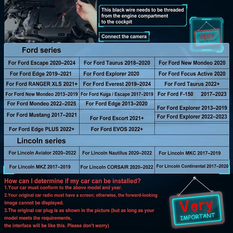Front Blind Spot Camera for Ford F150 Escape Edge Explorer Focus | 1080P CVBS 145° Wide View Vehicle Front Bumper Cam with Radar Detection Gear Shift/High Beam Activated Parking Assistance