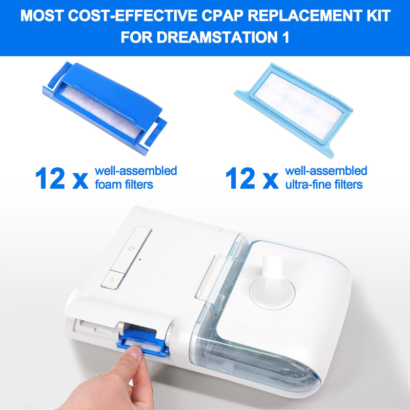 24 pieces filters compatible with Dream Station 1, contains 12 pre-assembled pollen filters and 12 ultra-fine filters, replacement CPAP filters provided by BlessEase