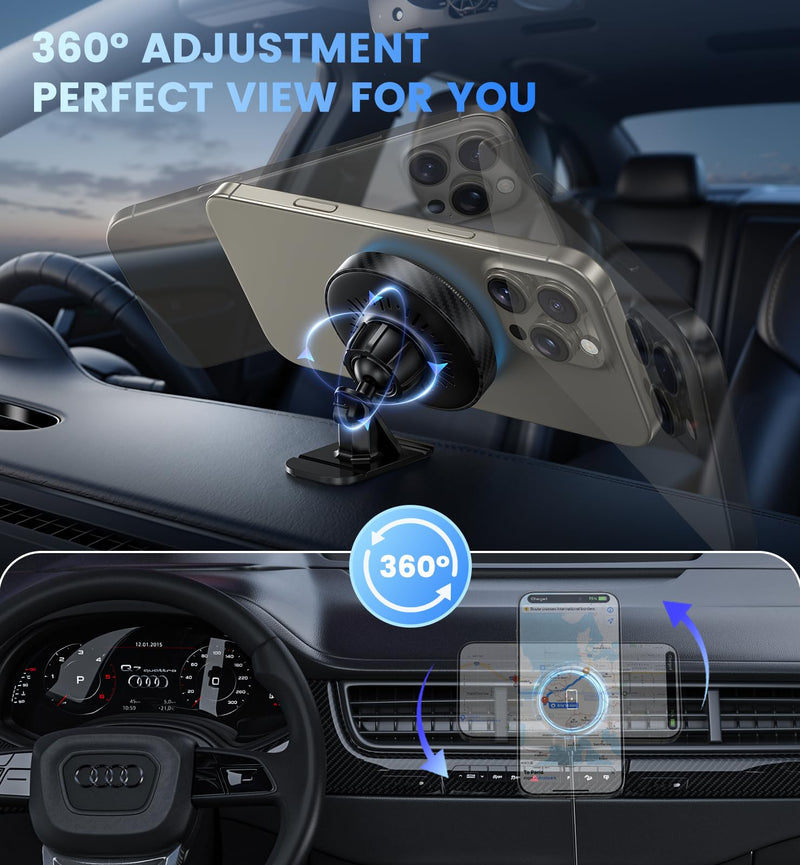 Magnetic Car Charger Mount 15W for iPhone 17-12 Pro Max | N52 Strong Magnets, 360° Rotation, Dashboard & Vent Mount, Compatible with Magnetic Cases, Gift for Men, Black CFBlack