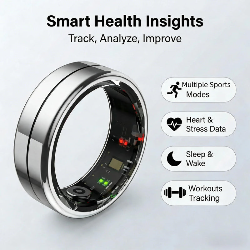 Smart Ring Fitness Tracker for Women Men, 24/7 Health Monitor(Heart Rate/SpO2/HRV/Women Cycle/Sleep) IP68 Waterproof, 4-6 Days Battery, No APP Subscription Fee (iOS/Android) (Silver, Size 8) Silver