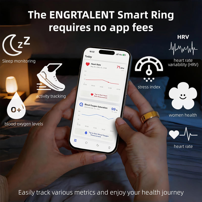 Smart Ring for Women & Men, Fitness Tracker Ring with Charging Case, Supports Heart Rate, HRV, Blood Oxygen, IP68 Waterproof, Sleep Tracking Ring for iOS and Android, No Subscription Fees(Gold 7) Gold