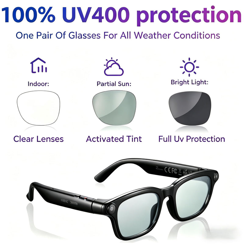 AI Smart Glasses with Camera, 8MP 4K Video Recording, Black | 8MP 4K Camera with EIS, AI Real-Time Translation, UV400 Photochromic, IP65, Bluetooth 5.4 Open-Ear Audio, 42g Ultra-Light