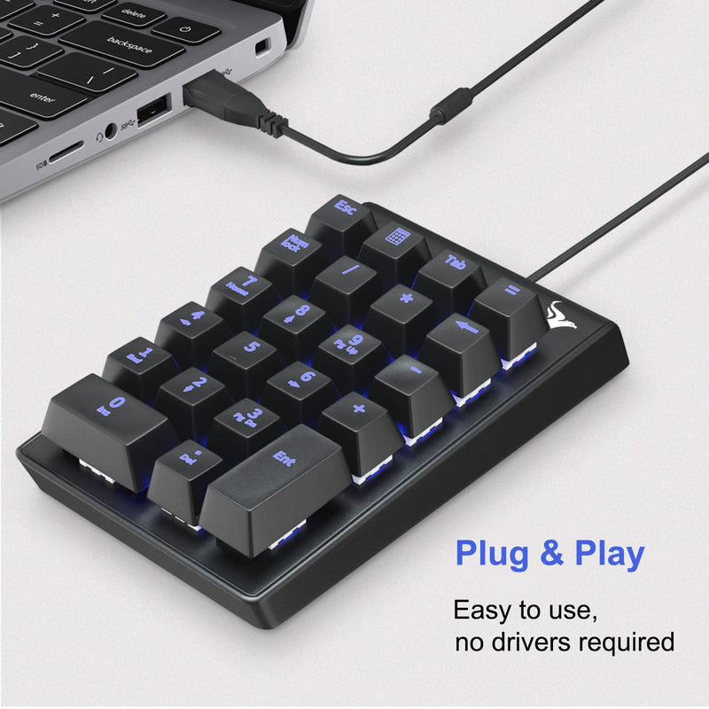 Number Pad, ROTTAY Mechanical USB Wired Numeric Keypad with Blue LED Backlit 22 Key Numpad for Laptop Desktop Computer PC Black (Blue switches)