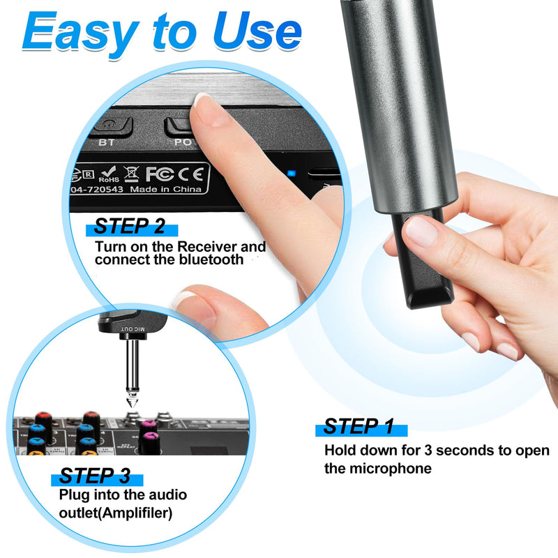 Wireless Microphone Karaoke System with Rechargeable Bluetooth Receiver,Professional Handheld Dynamic Cordless Microphone,UHF 200 FT Range,6.5mm/3.5mm Output, for Singing Karaoke Speech