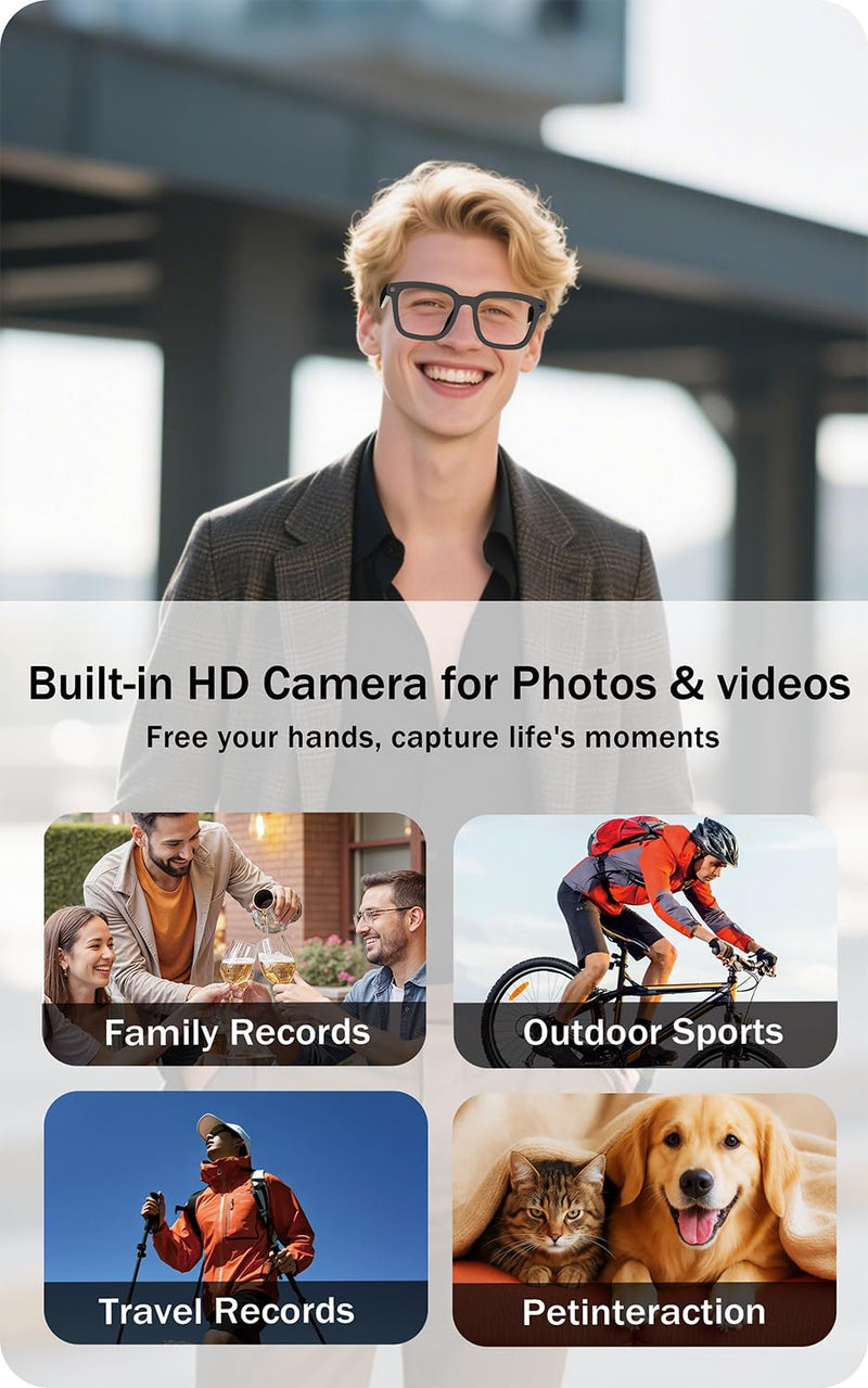 8MP HD AI Smart Glasses with Camera for Video Recording & Photo Capture | EIS Anti-Shake TEC, Real-Time Translation, Open-Ear Bluetooth Audio, Object Recognition, Voice Assistant, for Life & Work Z-AI Camera Smart Glasses