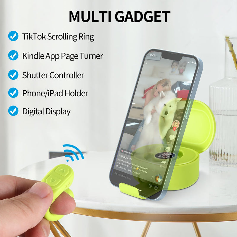 Upgrade TikTok Ring, Kindle Holder with Remote Page Turner, TIK Tok Scrolling Ring, Bluetooth Camera for iPhone, iPad, iOS Android Cell Phone-Green Green