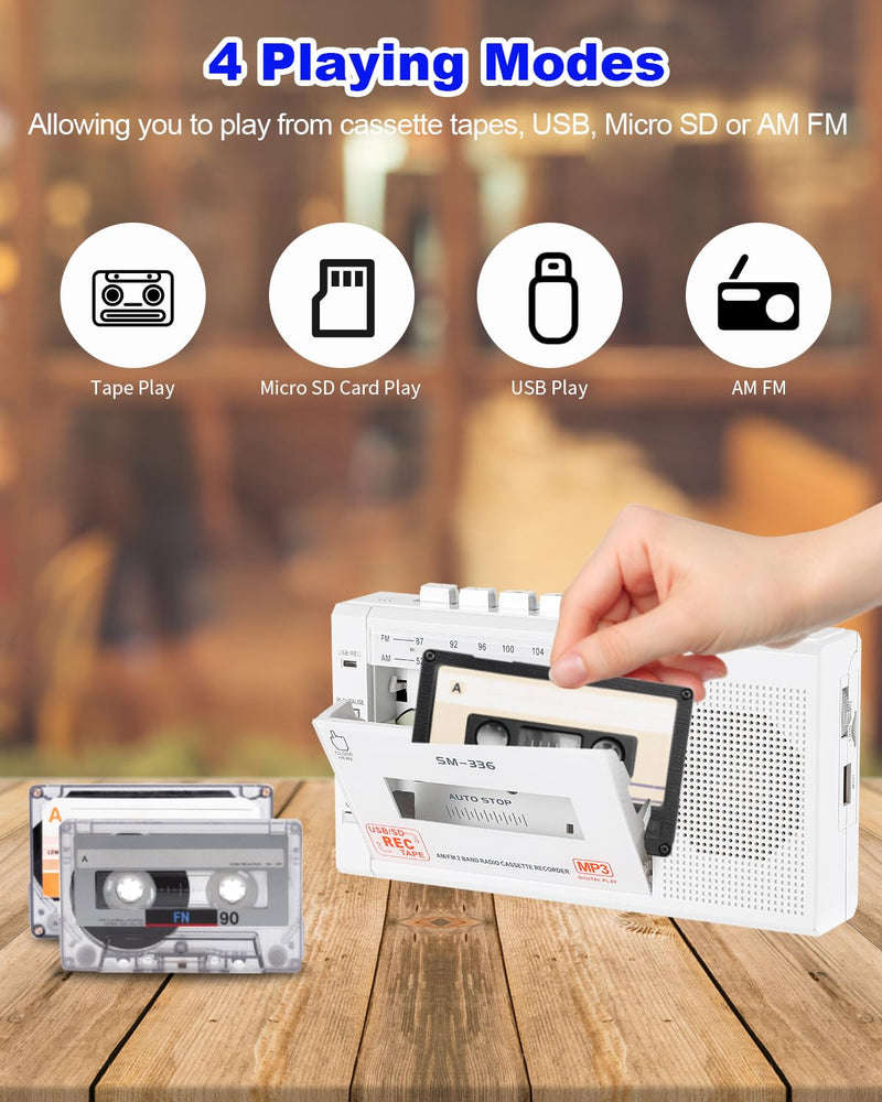 [AUSTRALIA] - Portable Cassette Tape Player to Digital Converter via USB/SD Card, Record to Cassette/U Disk/SD Card via Mic, Power by AC or AA Battery, Portable Cassette Recorder with Speaker and Headphone Jack White 