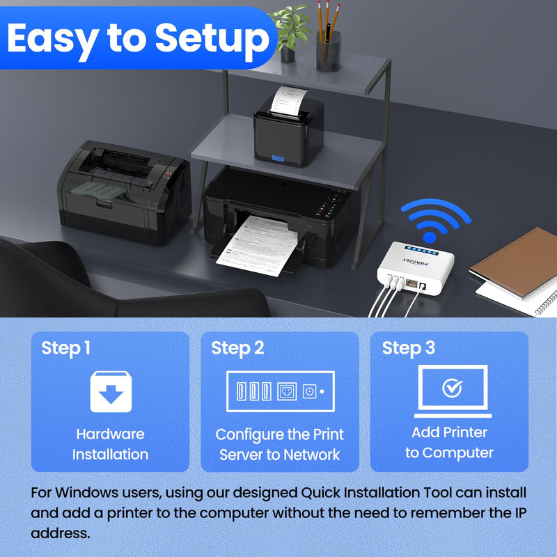 Wireless Print Server to Share 3 USB Printers Over Local Network | Easy Setup, Support Ethernet WiFi, Compatible with All RAW-Supported Printers LK300W. 3 USB Port