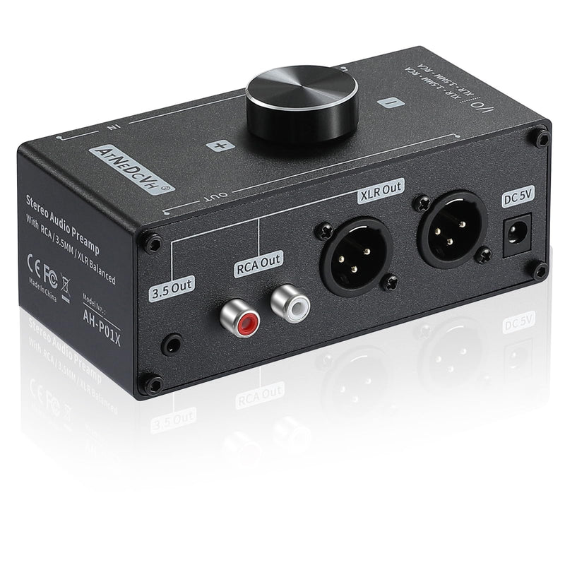 [AUSTRALIA] - Stereo Audio Preamplifier - XLR Balanced RCA 3.5mm Input to XLR Balanced RCA 3.5mm Output Converter Adapter amp - Headphone Amplifier, Gain 20dB Phono Turntable Phonograph Preamp (Black) Black 