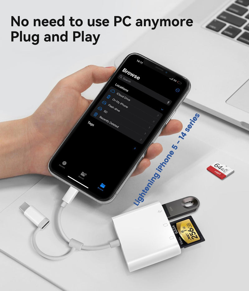 SD Card Reader for iPhone iPad Trail Camera Viewer 3-in-1 SD Adapter with Dual Slots & USB Port, Memory Card Adapter Dual-connector Design with Lightening&USB-C for Photographers, Plug & Play 3 Slots to (Lightning+USBC)