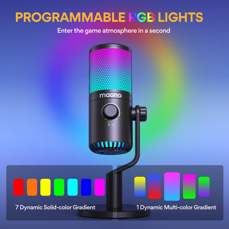 MAONO Gaming USB Microphone with Software, Programmable RGB Mic for Recording, Streaming, Podcast, PS5, PS4, PC, Computer, DM30 RGB Black