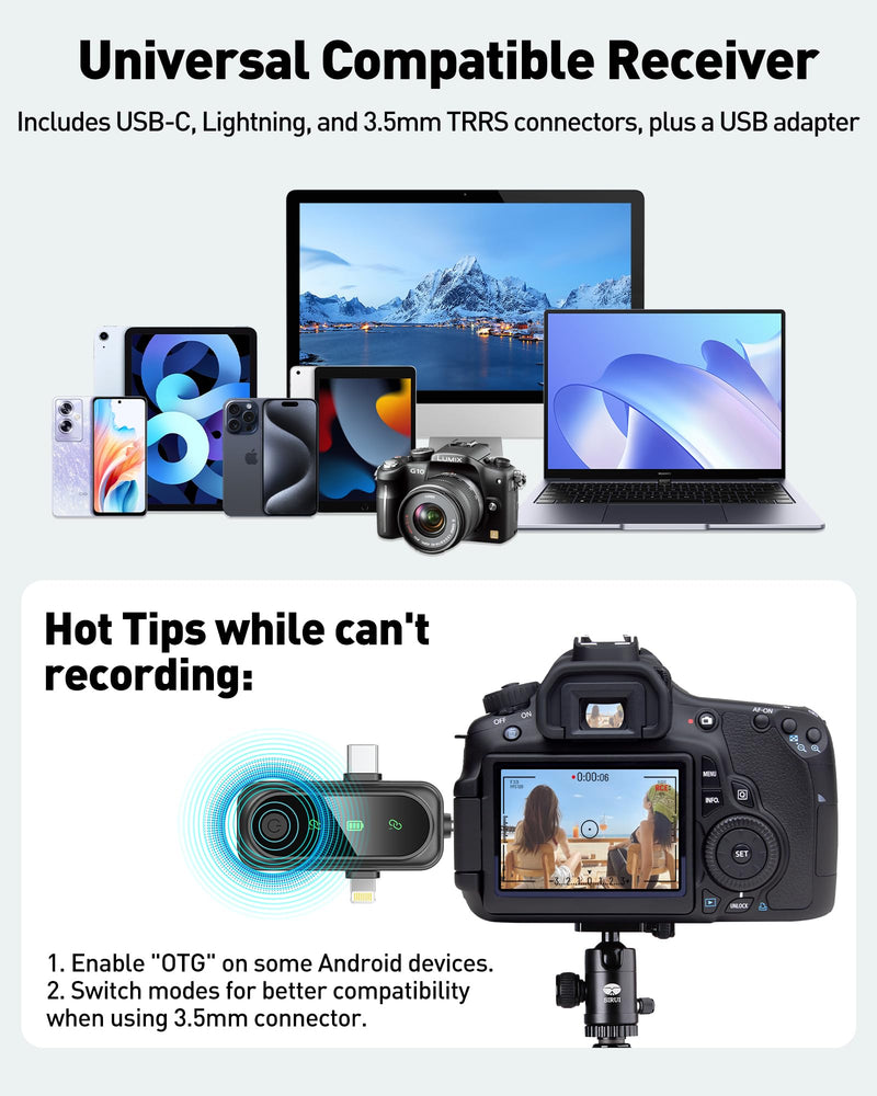 Wireless Lavalier Microphone for iPhone, Android, USB C, PC, Camera Video Recording 4 in 1 Clip-on Mics with Rotatable Clip&Denoise Recording, for Vlog Tiktok YouTube Podcast Content Creator 3in1 Black3