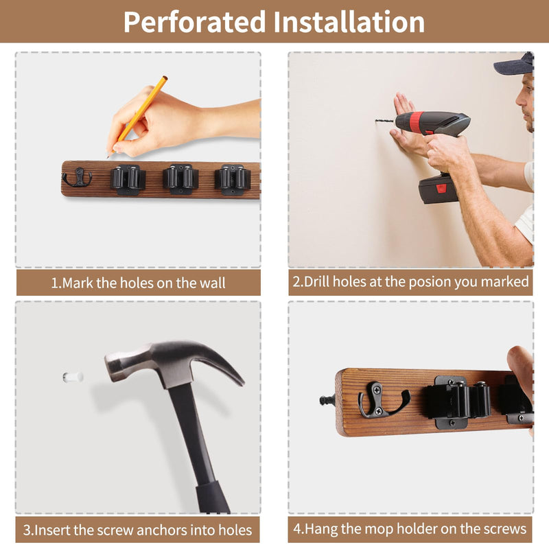 Cyiecw Broom Holder Wall or Broom Holder Over the Door, Drillable Tool Wall Mount, Wooden Stainless Steel Broom Mop Tool Garden Tool Holder, Door Organiser with 4 Holders and 2 Hooks, 1 Piece (Brown) Brown