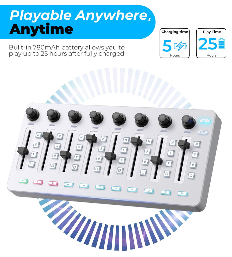 Vangoa Wireless Midi Controller Mixer Mute, Portable USB Midi Keyboard controlador Mixing Console 43 Backlit Button, 8 Channel Faders with LED indicator, 8 Assignable Endless Knobs for Daw, Mac, PC White Midi Mixer